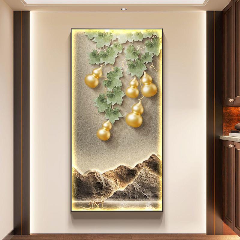 新中式葫芦玄关装饰画五福临门客厅走廊过道挂画麋鹿发光灯画壁画
