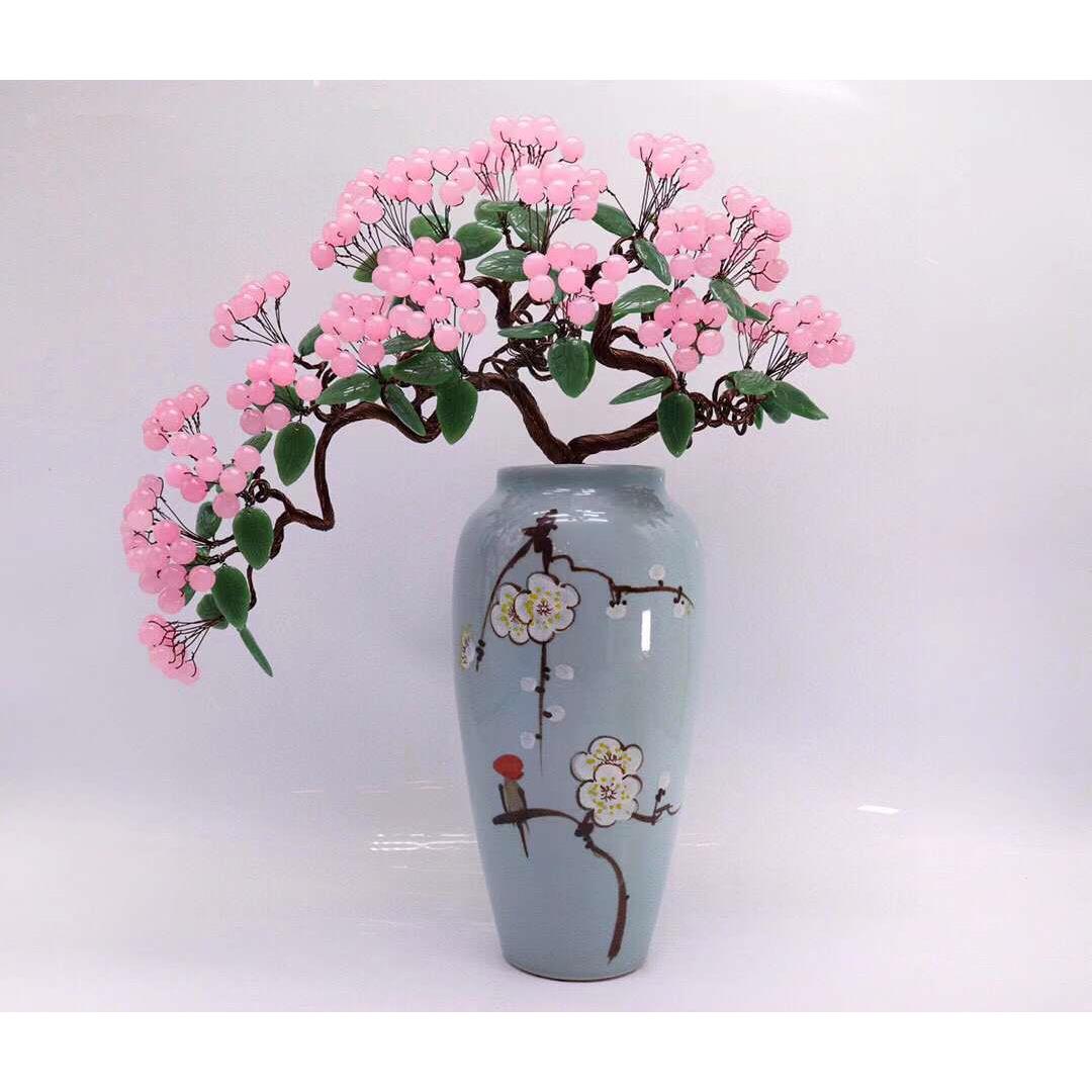 天然粉玉髓水晶发财树居家摆件简约款百搭花瓶造型复古古典中式禅