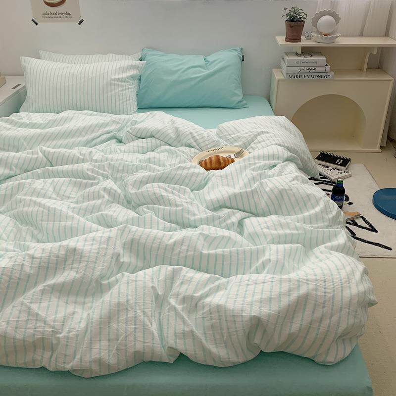 蓝色条纹床上用品四件套被套床单床笠被罩床上床品家纺4件套
