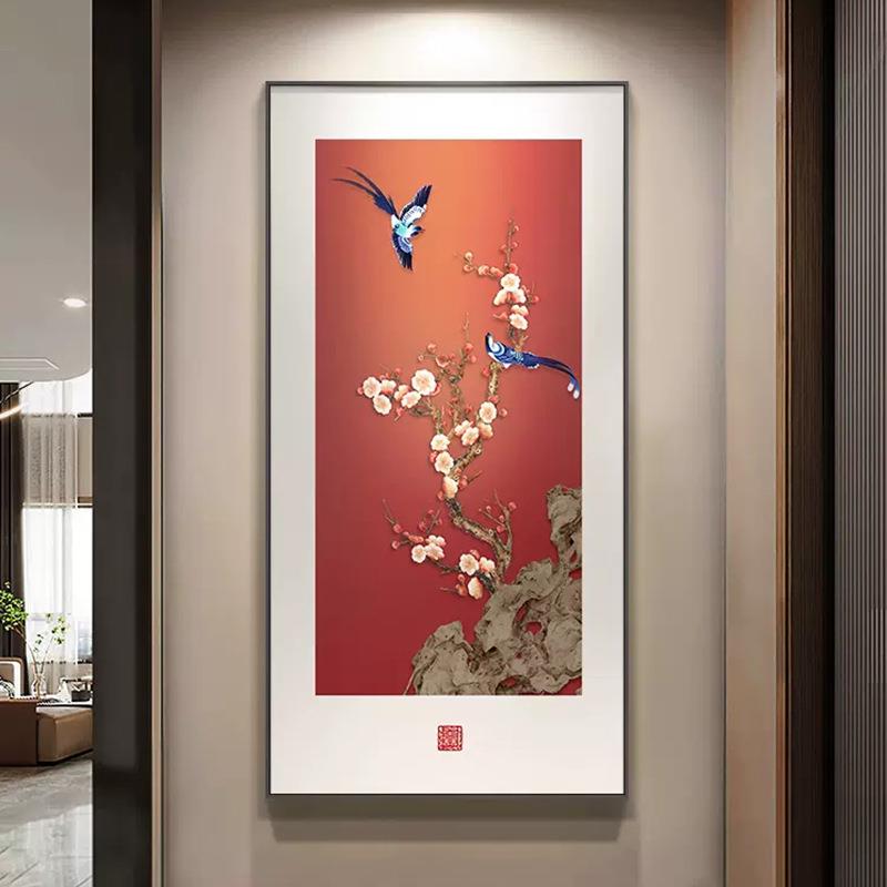 喜气盈门玄关装饰画新中式入户寓意好花鸟挂画走廊过道正对门壁画