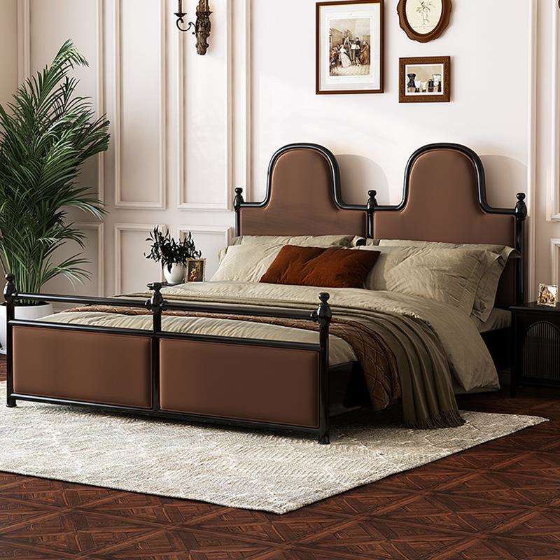 美式复古丝绒实木床主卧老巴黎双人床黑色罗马柱高背床法式公主床