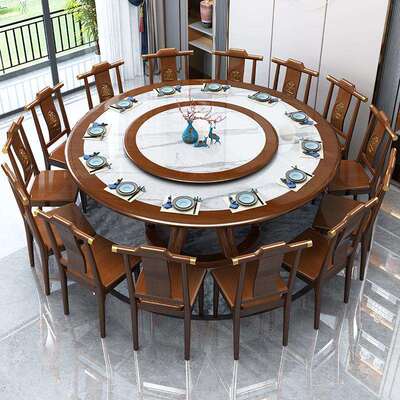 新中式岩板餐桌椅组合大圆桌吃饭桌子酒店家用圆形饭桌实木带转盘