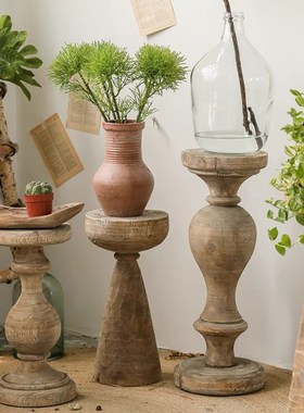 实木罗马柱形花架民o宿侘寂风客厅落地大摆件泡桐木阳台落地置物