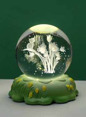 创意水晶球小摆件郁金香玫瑰康乃馨花F朵装饰品小夜灯送人生日礼