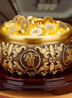 聚宝盆摆件黄铜新中式家居u客厅玄关装饰工艺品纯大号聚财黄铜米