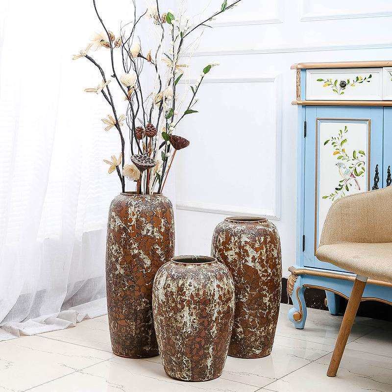 陶瓷花瓶 复古做旧落地大花瓶欧式摆件家居软装饰品 配家具大花瓶