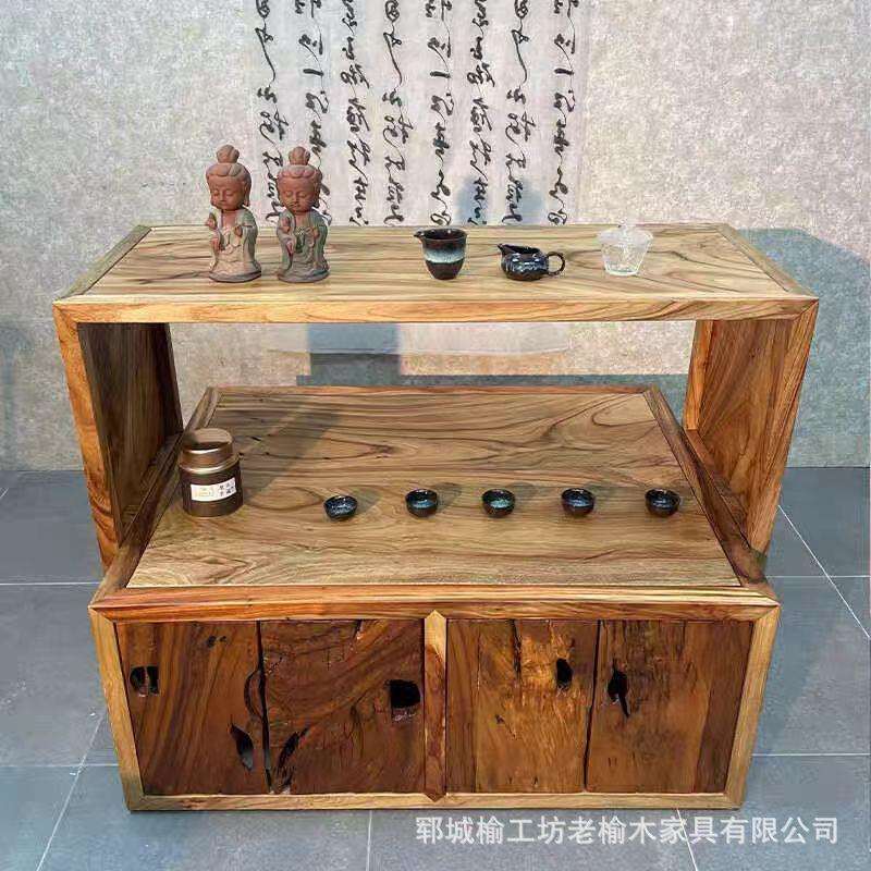 榆木置物架靠墙收纳储物架带抽屉柜茶室茶茶具展示柜实木民宿层架