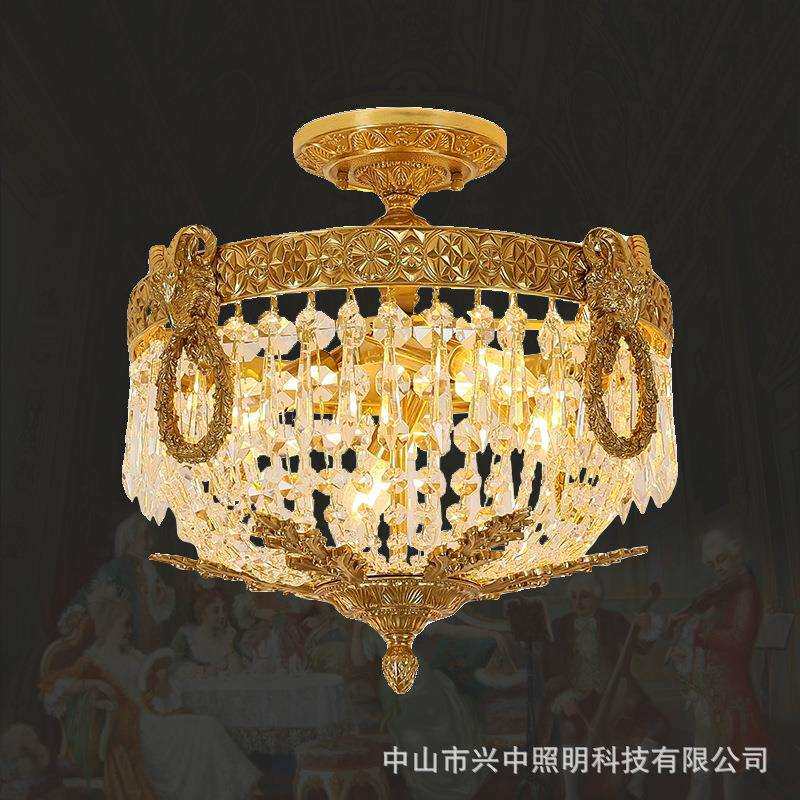 法式全铜水晶复古卧室吸顶灯欧式别墅奢华全铜灯过道入户玄关灯