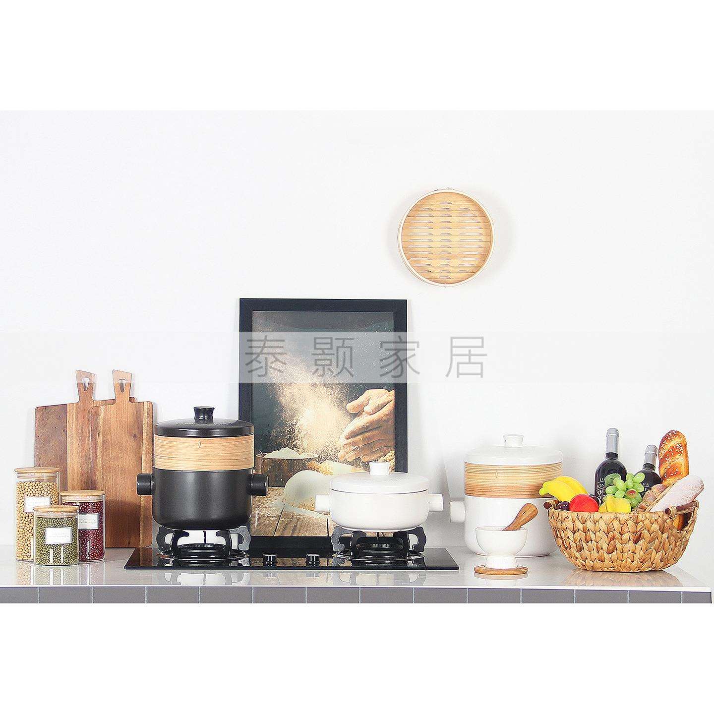 样板间厨房摆件软装饰品新中式餐厅组合套装密封罐砧板蒸笼锅果篮