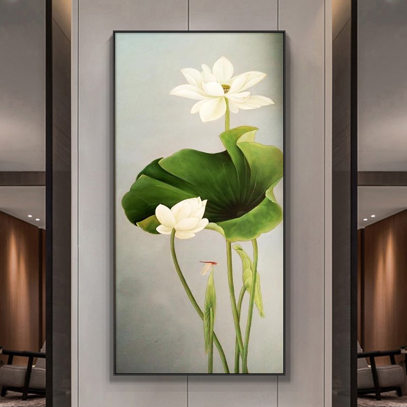 荷花玄关装饰画现代简约入户客厅走廊过道墙壁画新中式挂画竖版图片