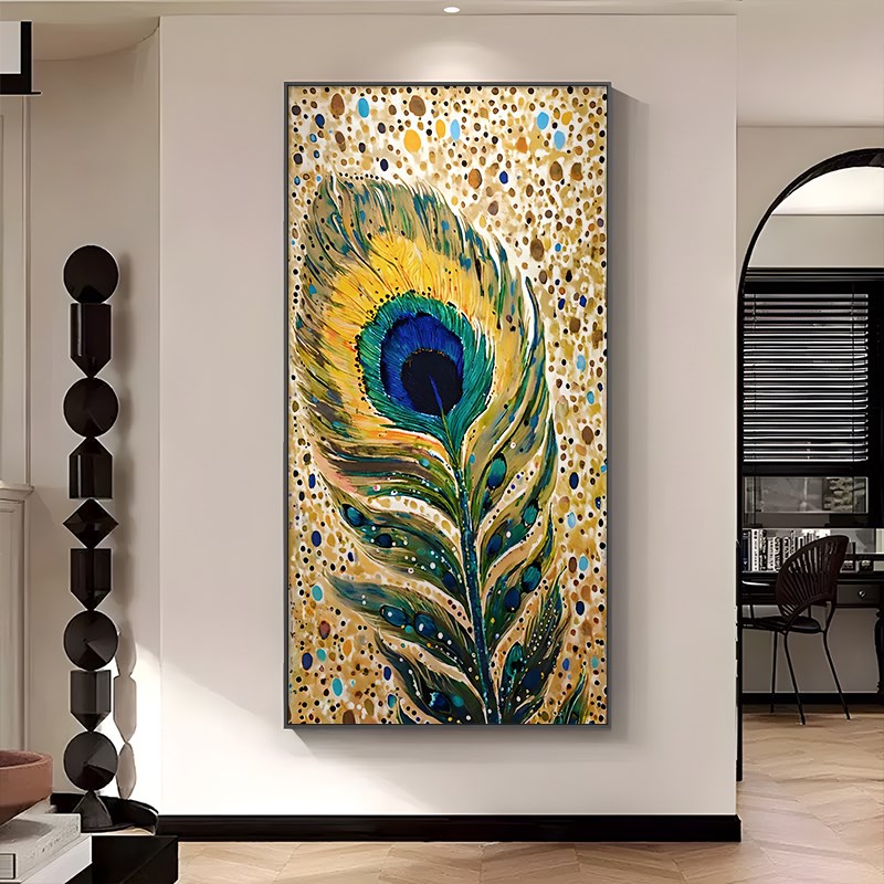 金色孔雀羽毛入户玄关装饰画高级艺术感过道壁画抽象波点走廊挂画图片