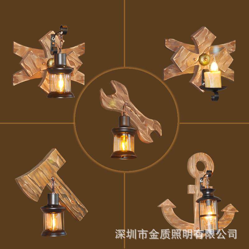 美式乡村实木复古loft工业风壁灯创意个性咖啡厅酒吧餐厅过道船木