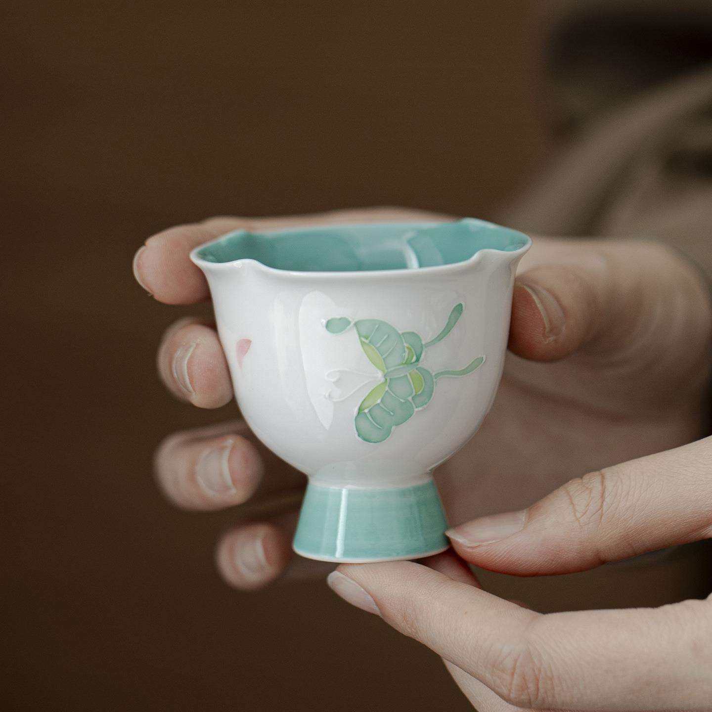 手绘浮雕蝴蝶恋花口高足杯主人杯绿色茶杯专用喝茶家用茶具品茗杯
