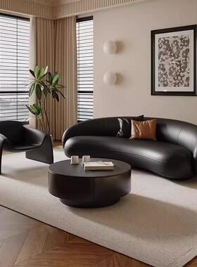 黑色皮质弧形沙发小户型沙发茶几组合酒店民宿商用座椅科技皮沙发