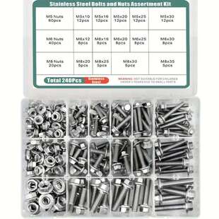 跨境240pcs304不锈钢六角法兰面螺栓配平垫螺母套装螺丝组合盒装