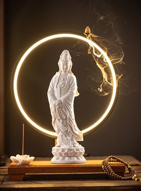 2025新款中式茶桌禅意观音菩萨佛像摆件茶室灯圈白瓷观世音家用