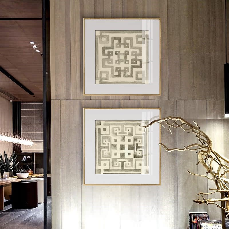 轻奢美式客厅四联装饰画沙发背景墙餐厅卡纸玻璃壁画几何图案挂画图片
