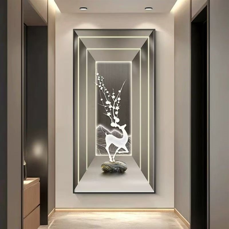 玄关走廊过道装饰画麋鹿led灯晶瓷镶钻画进门入户正对墙挂画北欧图片