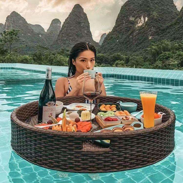 早餐泳池篮子藤编大型酒店餐盘漂浮露天水上托盘网红地下午茶民宿