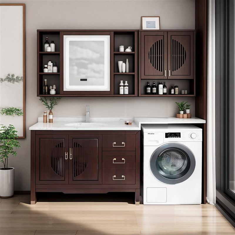 现代新中式洗衣机浴室柜组合卫生间实木洗漱台手洗脸盆一体阳台柜