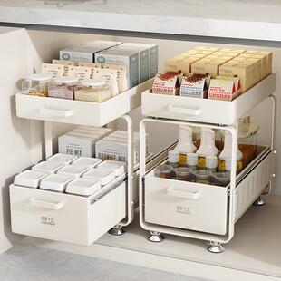 新款厨房下水槽分层置物架 抽拉式调料瓶罐碗碟橱柜拉篮收纳架子