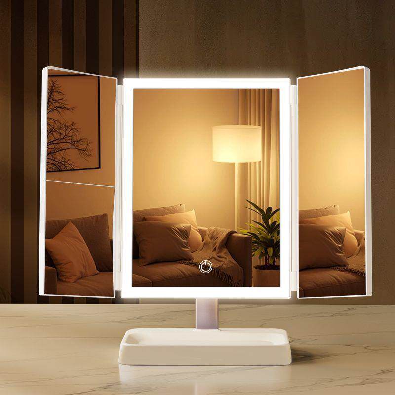 化妆镜LED 带灯卧室家用手持可充电美妆镜子女学生宿舍高清三色光