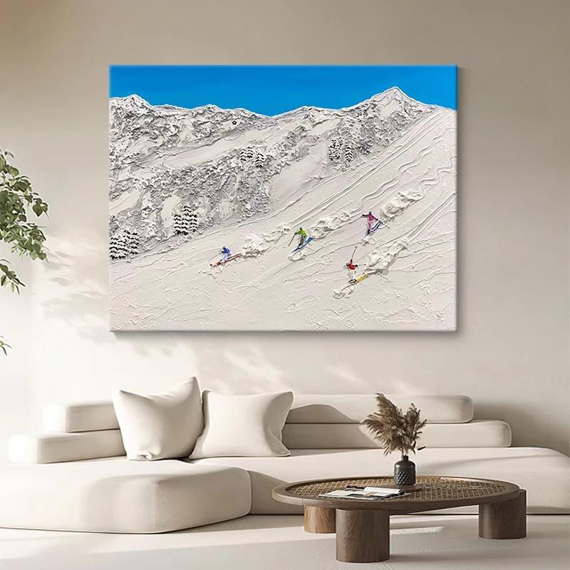 白色滑雪极简风客厅装饰画奶油风纯手绘油画横版抽象玄关肌理挂画