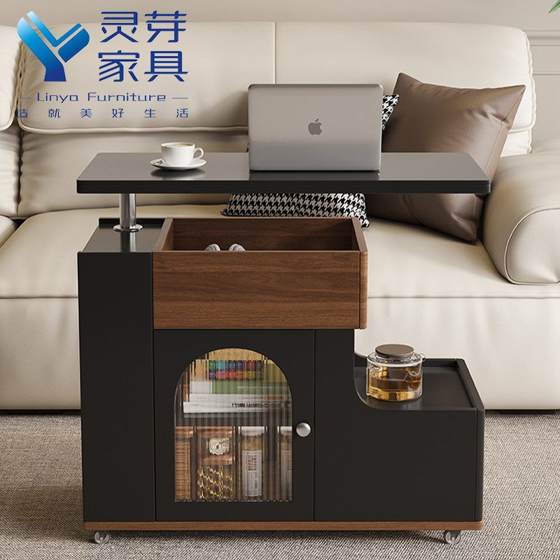 中古风客厅实木小推车可移动边几沙发边柜复古升降茶几小桌子家用