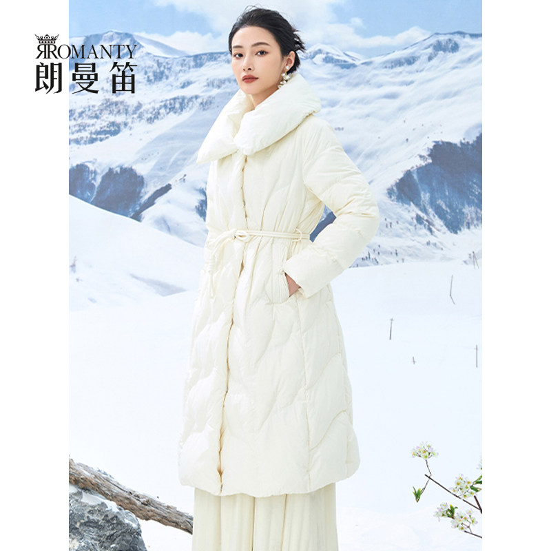 朗曼笛鸭绒羽绒服女中长款收腰上羽绒服