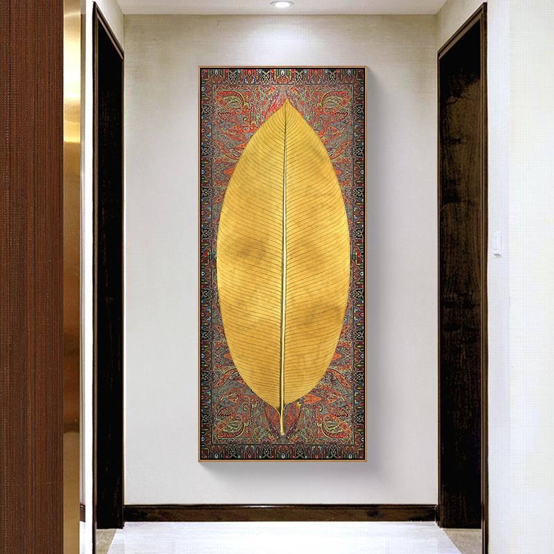 大叶有成玄关装饰画东南亚泰式风格金色树叶酒店挂画会所禅意壁画图片