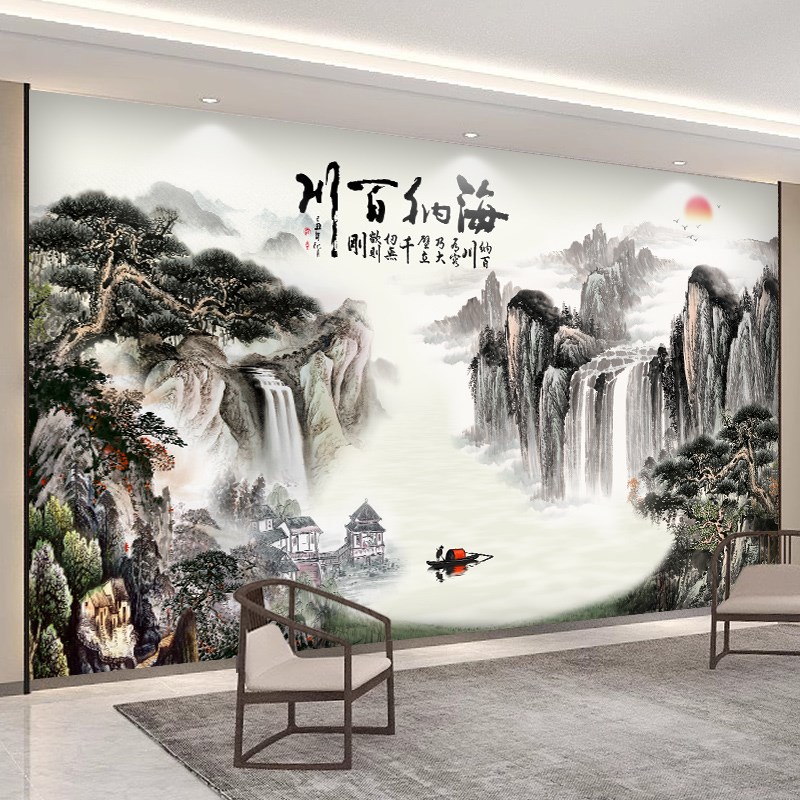 壁纸定制电视背景墙壁纸8rd立体大气聚宝盆山水画 画客厅办公室3d