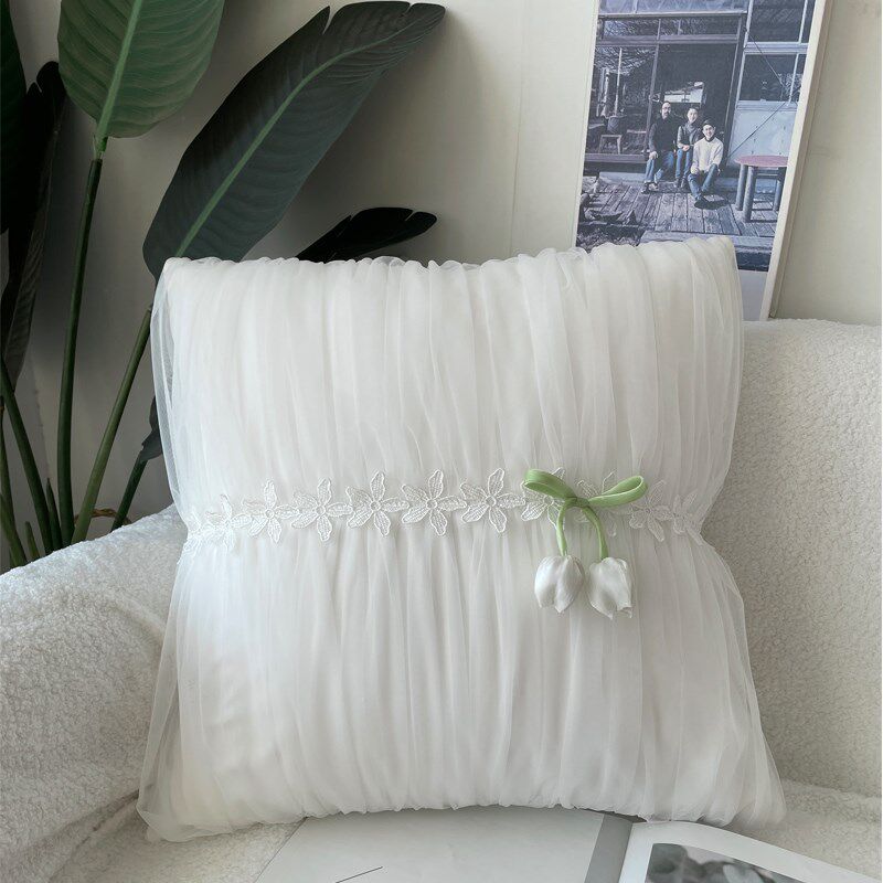 艾橘原创粉色公主风网纱郁金香少女心抱枕沙发床飘Z窗抱枕靠垫