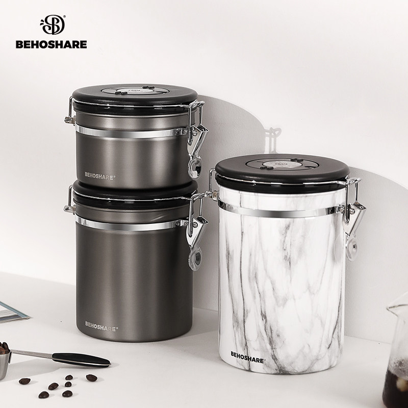 不锈钢咖啡豆保存罐带勺单向排气咖啡粉储存密封专用器具真空收纳