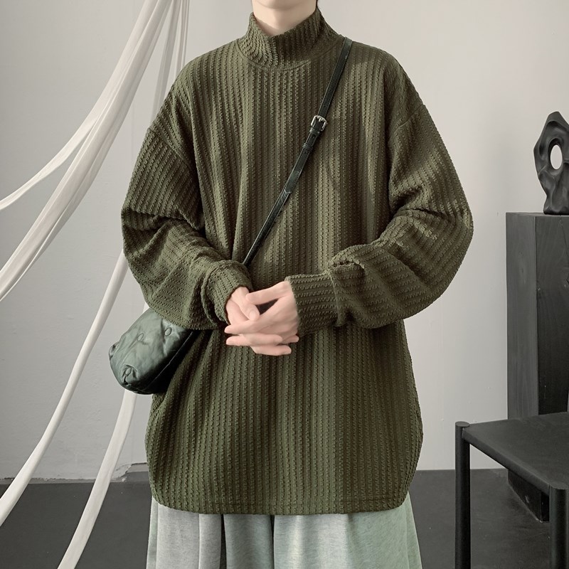 特大码300斤肌理感条纹半高领打底衫男女春秋重磅宽松内搭长袖T恤