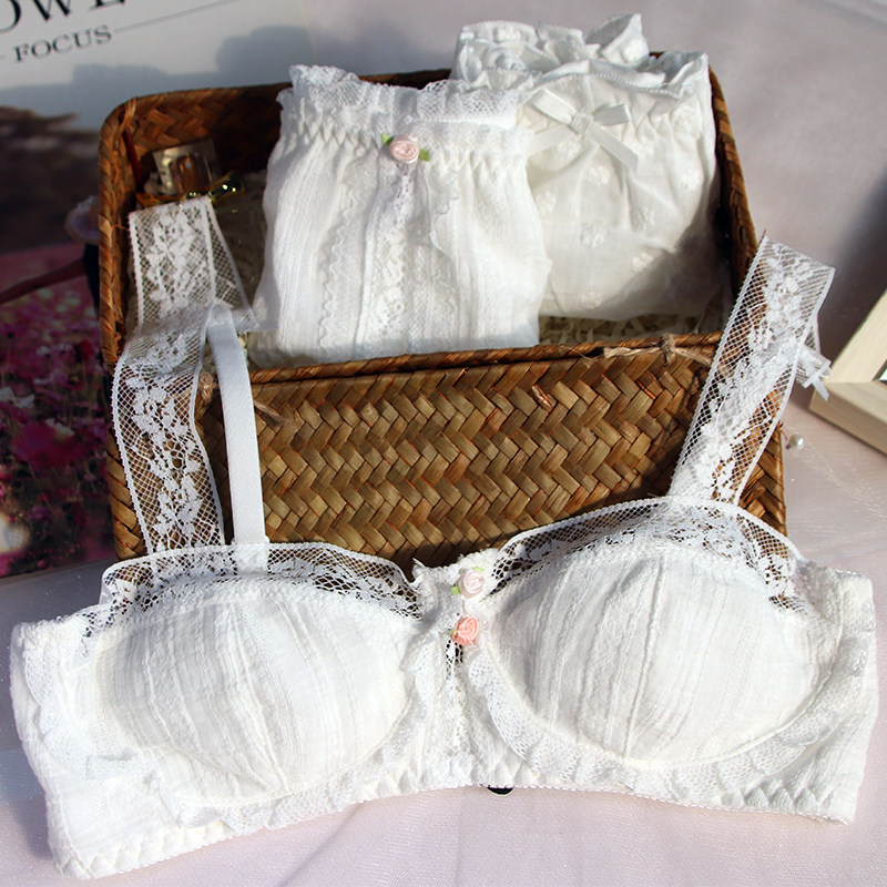 法式女白色内衣套装显胸小无钢圈纯棉蕾丝浅杯少女高中薄款文胸罩,女士内衣/男士内衣/家居服,文胸套装,淘宝优惠券,粉丝福利购,淘宝优惠卷