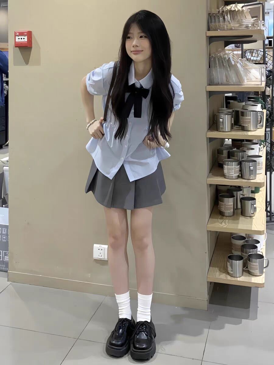 夏装搭配一整套洋气减龄小个子网红甜美学院风衬衫百褶裙两件套装