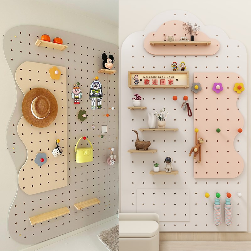 玄关洞洞板定制置物架木质展示收纳墙云朵收纳架墙上挂衣架带镜子