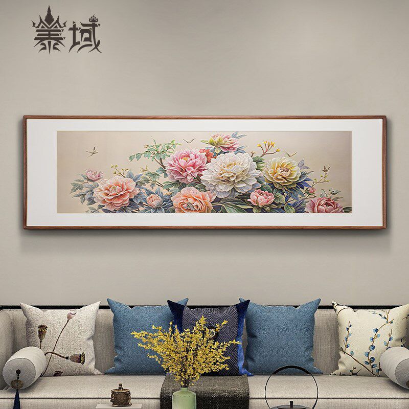 手工錾刻 铜雕画《牡丹花》客厅沙F发背景墙挂画 中式横版装饰画
