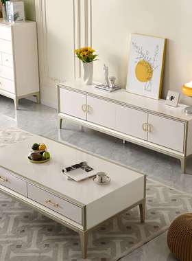 轻奢白色款茶几电视柜组合实木柜客厅储物收纳柜法式斗柜轻奢风