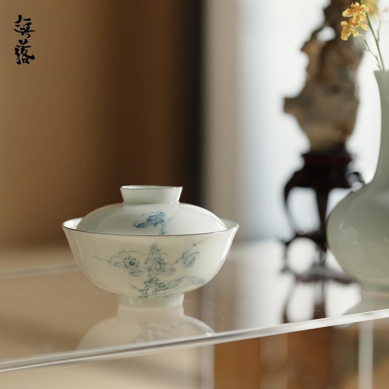 束刻釉下彩手绘青花盖碗手工陶瓷超薄胎泡茶碗茶杯描金盖碗不烫手