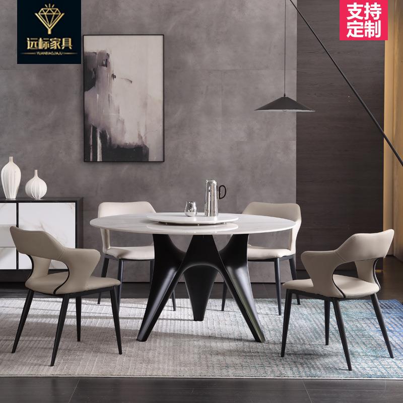 北欧大理石圆形餐桌椅组合现代简约圆餐桌家用轻奢岩板圆桌带转盘