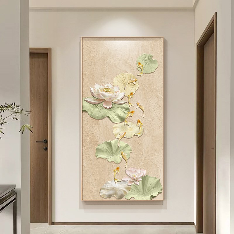 新中式荷花入户玄关装饰画现代九鱼图锦鲤正对门挂画进门过道壁画图片