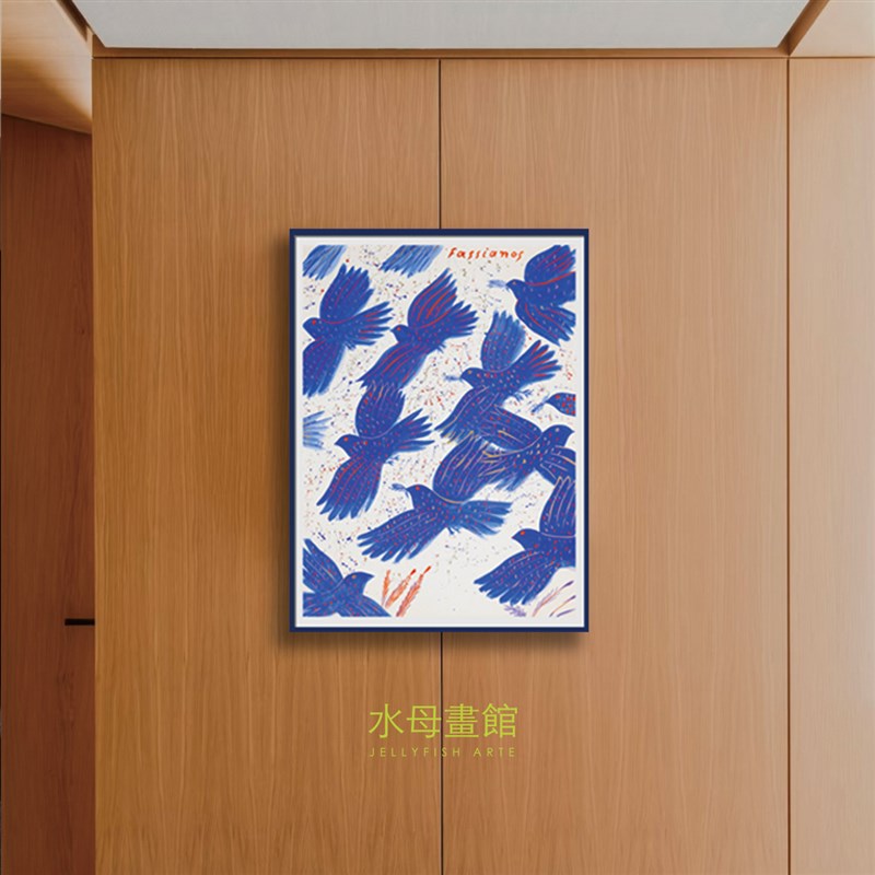 飞鸟蓝色金属框客厅挂画卧室装饰画现代简约彩色中古小众ins图片