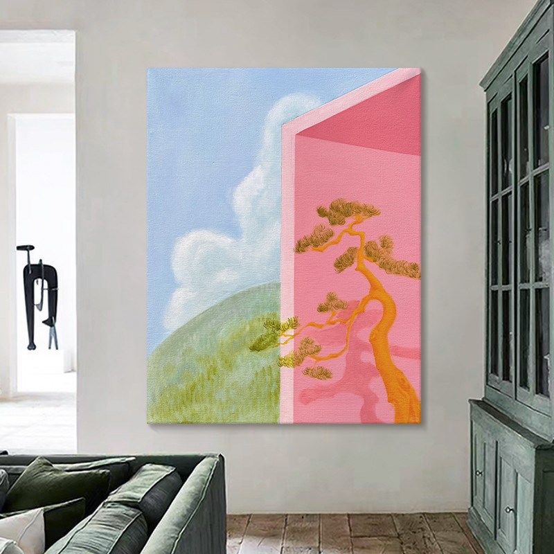 现代简约客厅餐桌装饰画卡通蓝天白云大树风景纯手绘油画玄关挂画图片