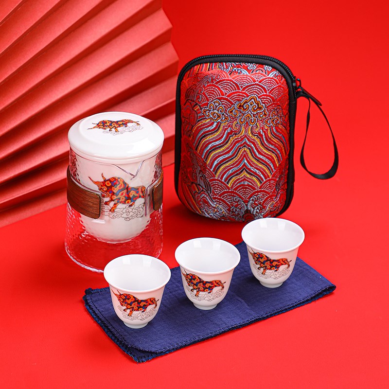 小鹿旅行茶具家用茶水分离杯日式一壶三杯便携陶瓷玻璃快客杯套装