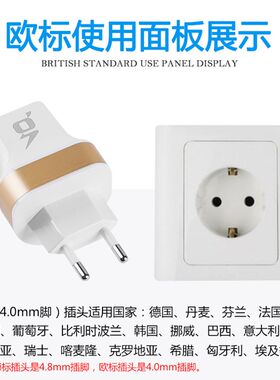 手机平板充电器欧标两圆脚旅行转换插头欧规转双usb口充电头2.1A