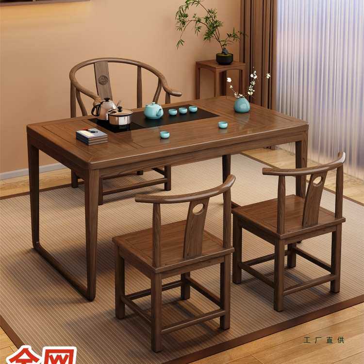 中式实木茶桌椅组合阳台小户型简约茶台办公室书桌家用小茶桌绢花