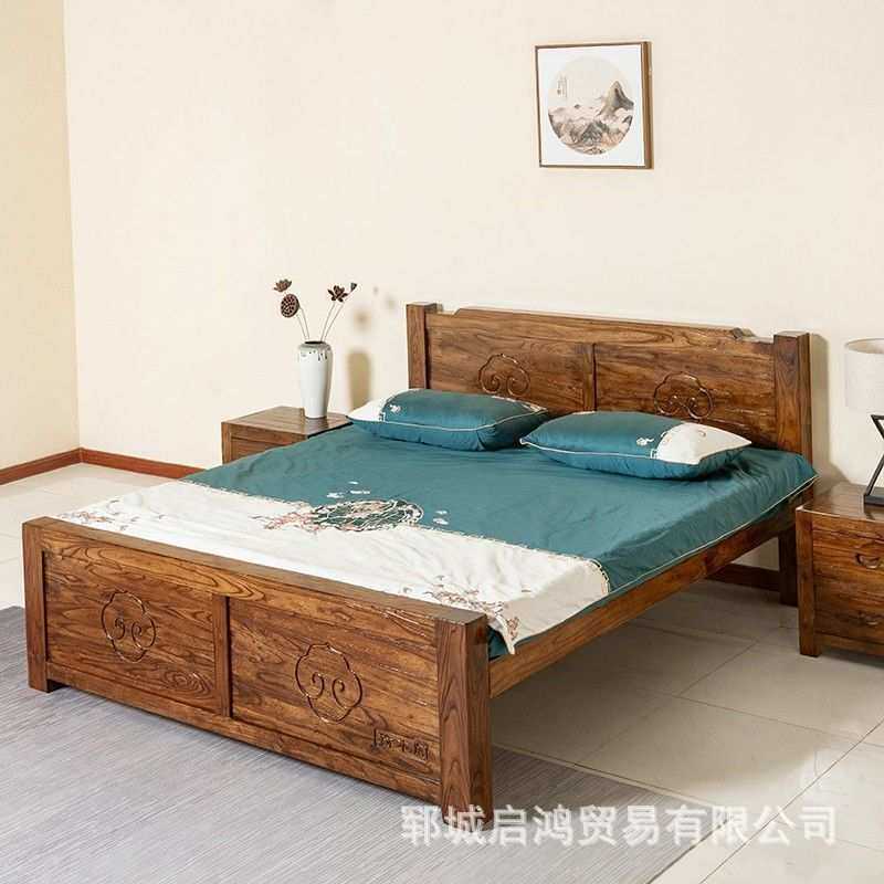 老榆木床带储物抽屉新中式实木主卧双人床简约床框架仿古简易家具