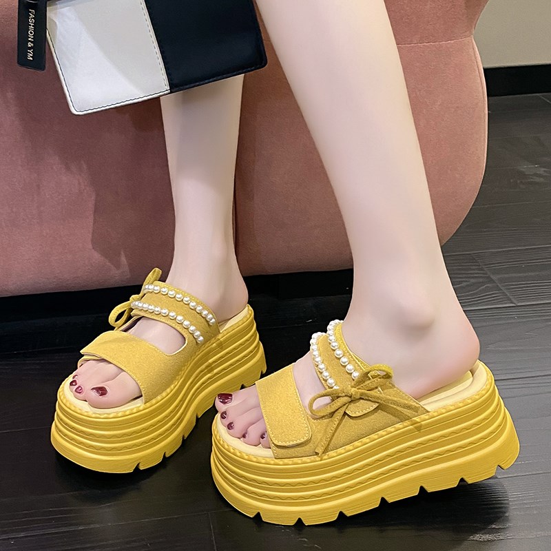 厚底珍珠拖鞋女时尚外穿2025夏季新款增I高8cm仙女风百搭松糕凉拖