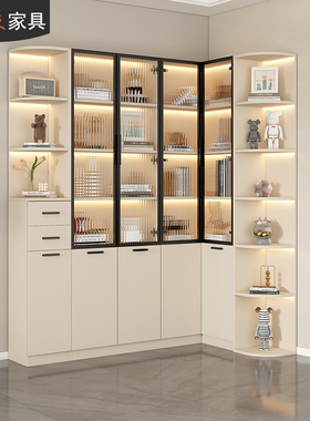 奶油风转角书柜置物架客厅墙角柜落地组合l型拐角书架展示.柜7F69